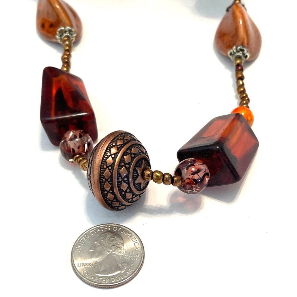 Y2K Leopard Amber Brown Orange Beaded Necklace Earring Set Boho Autumn Statement - Picture 9 of 12